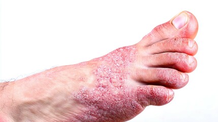 Close-up of human foot with visible fungal infection on white background, medical and healthcare concept for dermatology, podiatry or pharmacy education and treatment.