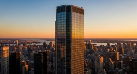 Obraz premium Stunning skyscraper reflecting golden sunset light over a vast city skyline at dusk