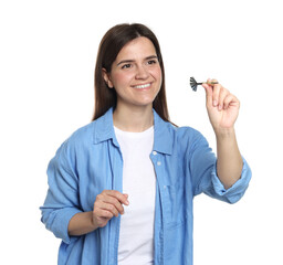 Targeting. Smiling woman with dart aiming on white background