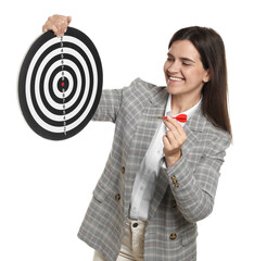 Targeting. Smiling businesswoman with dart board and arrow on white background