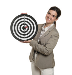 Targeting. Smiling businesswoman with dart board on white background