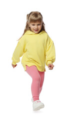 Cute little girl dancing on white background