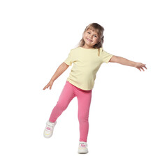 Happy little girl dancing on white background