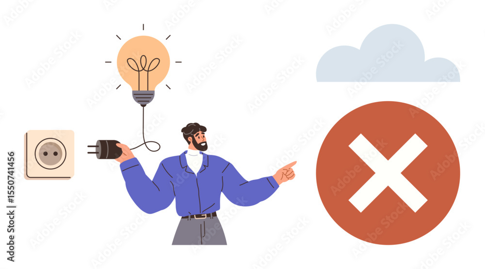 Aufkleber man disconnecting lightbulb while pointing at large cross mark inside a red circle and cloud. ideal 