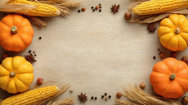 Autumn Harvest Scene with Pumpkins, Corn, and Spices on Wooden Background Suitable for Seasonal Decorations and Thanksgiving Celebrations