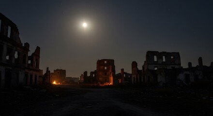 An AI-generated illustration showing a haunting panoramic nightscape of a city devastated by war. Under the cold, bright light of a full moon and a sky filled with stars.