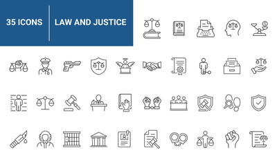Law and justice set of web icons in linear style. Justice and law icons for web and mobile app. Legal documents. Law, judgement, prison, justice, court legal, lawyer, criminal. Vector illustration