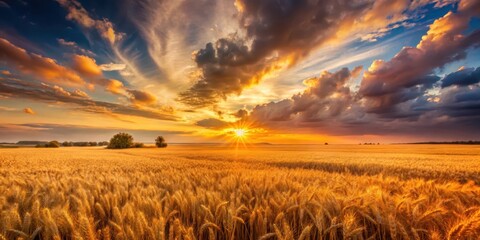 Golden Wheat Field Basking in the Warm Glow of a Dramatic Sunset with Vibrant Clouds