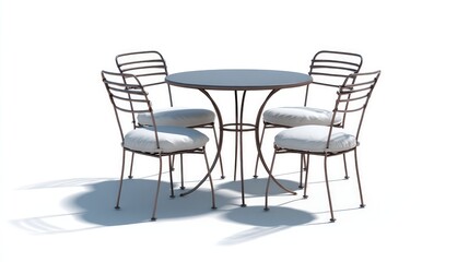 Fototapeta premium Modern outdoor dining set featuring a round metal table and four cushioned chairs designed for comfort and style in any garden or patio setting, perfect for relaxation and gatherings.