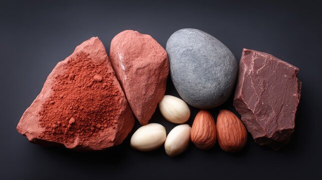 A Vibrant Collection of Natural Stones and Nuts on a Dark Surface, Showcasing the Earthy Textures and Colors of Minerals and Edible Seeds