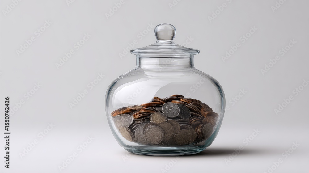 Poster a clear glass jar filled with various coins and currency with a simple neutral background for financ