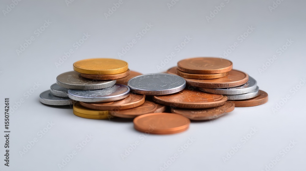 Poster a close-up view of a diverse collection of various currency coins piled on a light background, perfe