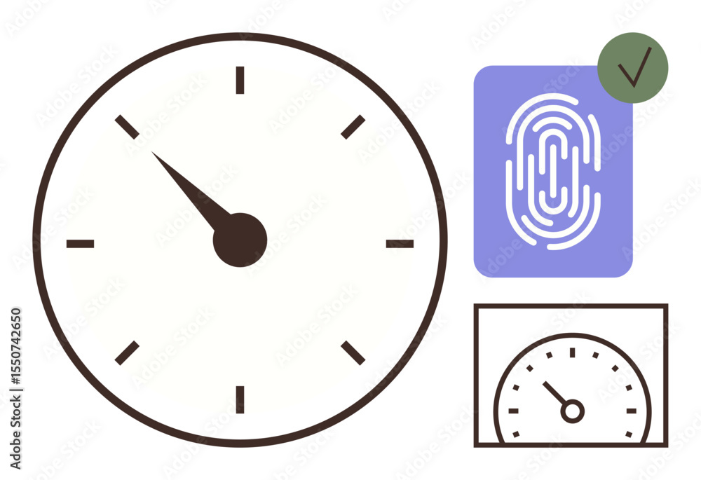 Poster analog clock, fingerprint scan with green checkmark, and minimalist dashboard icon. ideal for securi