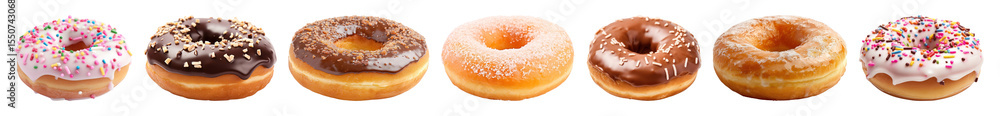 Poster png colorful assorted donuts display, element set on transparent background