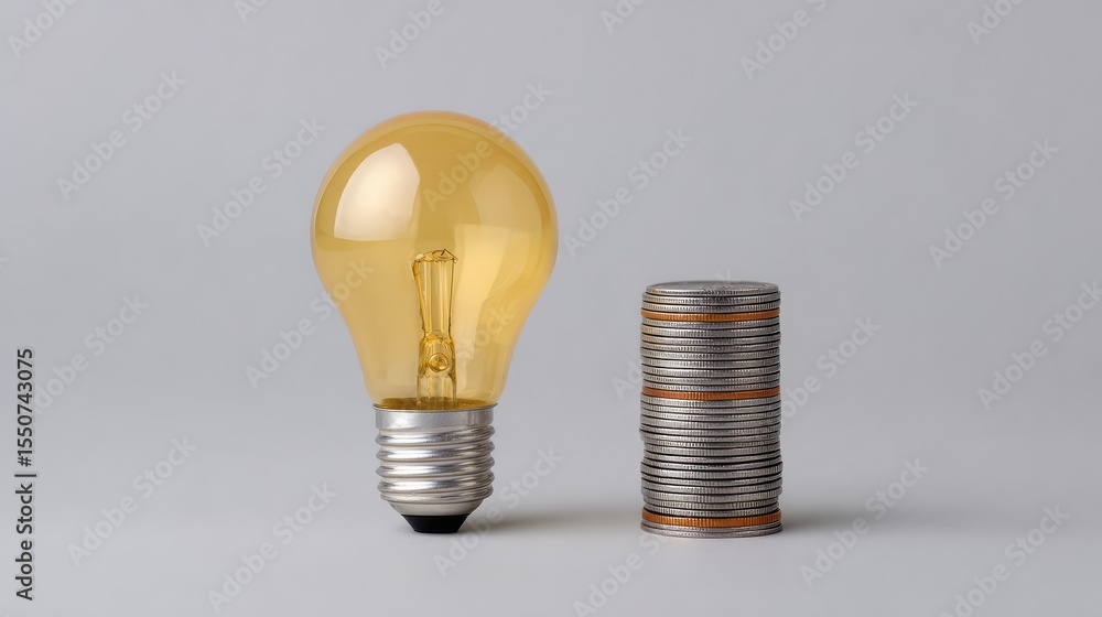 Poster concept of innovation and finance represented by a light bulb and a stack of coins symbolizing ideas