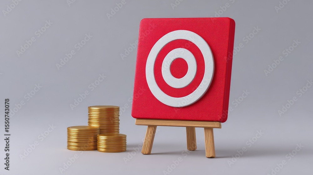 Poster red target symbol on a canvas stand with stack of golden coins representing goal achievement and fin