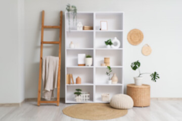 Blurred view of light room with shelf unit, ladder and plants