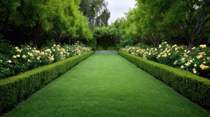 Lush Green Garden Pathway with Vibrant Yellow Roses and Neatly Trimmed Hedge Rows Creating a Serene and Inviting Outdoor Space for Relaxation and Reflection