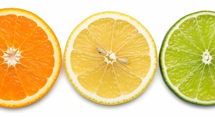 Fototapeta premium Top-Down View of Orange, Lemon, and Lime Slices in Horizontal Arrangement on Bright White Background