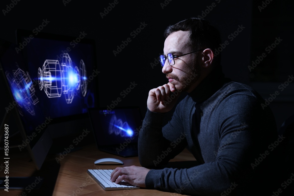 Poster engineer working with digital drawing at table in office