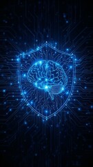 Obraz premium Blue circuit brain with tech shield on dark background