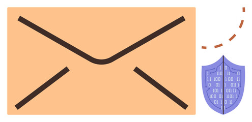 Large envelope with protective shield design displaying digital binary code, emphasizing email security, encryption, and digital privacy. Ideal for cybersecurity, privacy awareness, digital