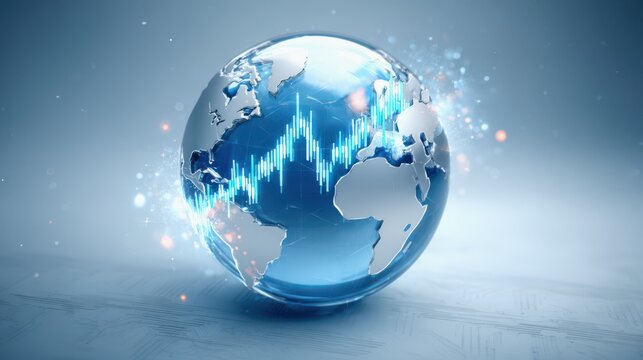 The concept of recession risk. A futuristic digital globe with a glowing stock market graph overlay, representing global finance and data analytics.