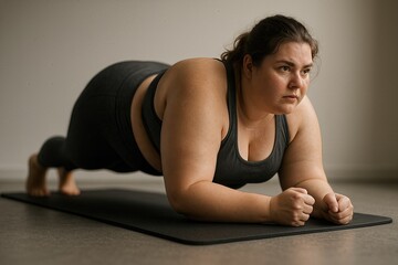 Confident curvy woman holding plank on exercise mat indoors