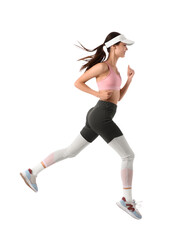 Beautiful young happy sporty woman running on white background
