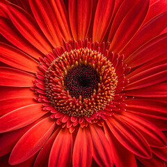 Macro photograph of a red gerbera flower, highlighting the intricate details of its petals and center