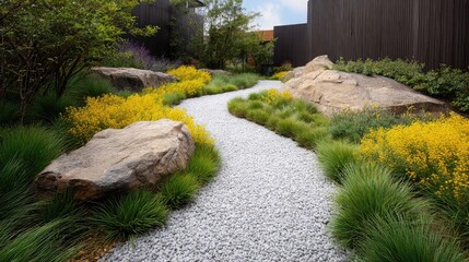 Serene Garden Pathway Featuring Smooth Gravel, Large Rocks, Vibrant Yellow Flowers, and Lush Green Grass in a Contemporary Landscape Design Project Under a Clear Sky