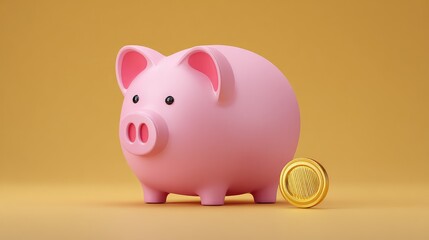 Cute pink piggy bank with cheerful expression next to a golden coin on a vibrant orange background conveying saving money and financial planning concepts effectively