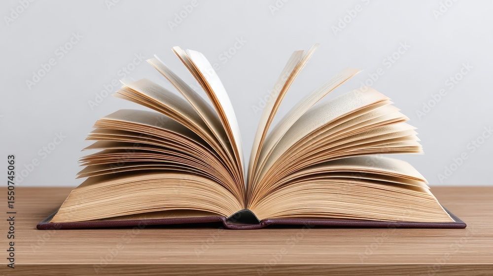 Poster open book with blank pages on wooden surface, symbolizing knowledge, education, and imagination in a