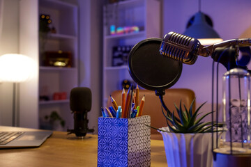 Professional microphone in dark podcaster's studio, closeup