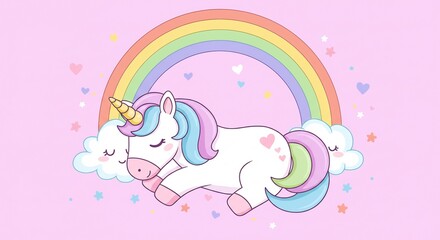 Pastel Unicorn Sweetly Sleeping on Rainbow Clouds. AI Generated