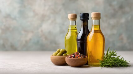 Assorted Bottles of Olive Oil and Vinegar with Fresh Herbs and Spices on a Kitchen Counter, Perfect for Culinary and Gourmet Photography Needs