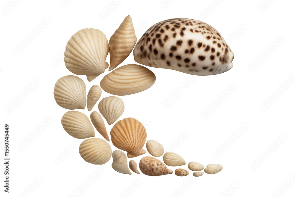 Poster seashells arcing in crescent formation, displaying organic curves and soft textures against minimali