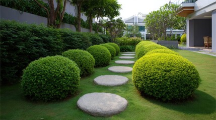 Serene Garden Pathway Surrounded by Lush Green Bushes and Smooth Stones, Inviting Nature Walk in Contemporary Landscape Design for Tranquil Outdoor Spaces