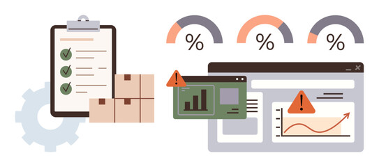 Analytics dashboard with error notifications, graphs, and percentages alongside a fulfilled checklist and packed boxes. Ideal for logistics, analytics, quality control, supply chain, risk management