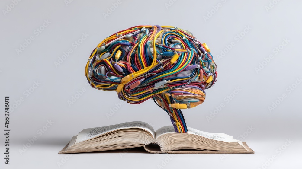 Poster abstract representation of a brain made of colorful wires emerging from an open book, symbolizing kn