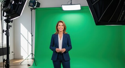 Confident businesswoman speaking in front of a green screen studio with professional lighting equipment