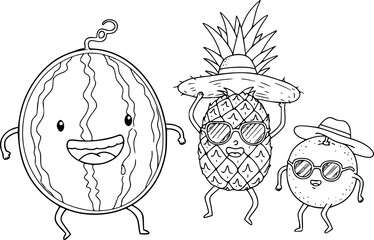 Cute Cartoon Illustrations 3 fruit characters, coloring pages