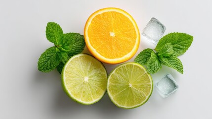 Fresh Citrus Fruits with Mint Leaves and Ice Cubes on a Light Background for Summery Refreshments and Healthy Beverage Inspirations