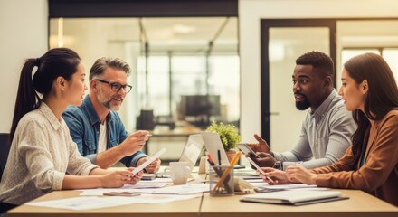 Diverse business professionals collaborating on project strategy and planning in modern office setting