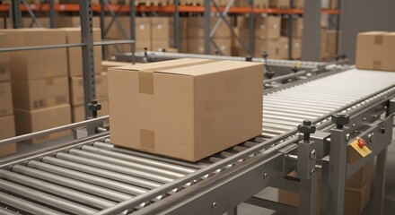 An AI-generated illustration showing cardboard box on a roller conveyor system in a distribution center. Logistics, shipping, and automated factory line concept.