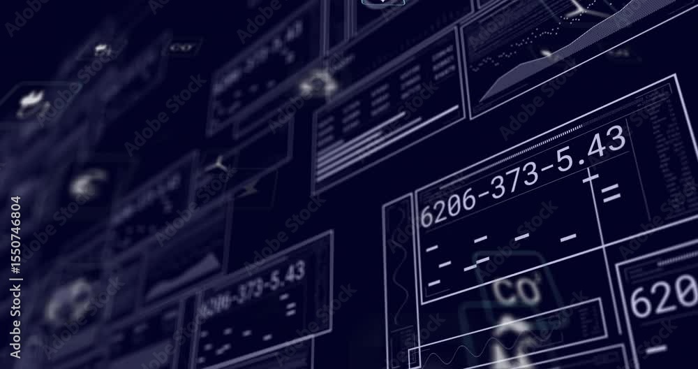 Poster floating data cluster appearing triggers camera panning tilting revealing energy metrics updating