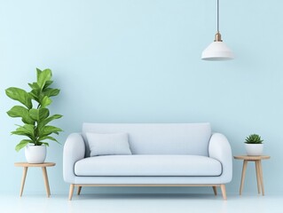 Light blue living room with light wood furniture and plants