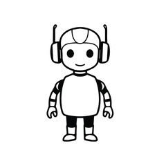 Vector art of line art illustration of a happy cartoon robot, isolated on white background