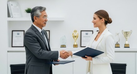 Obraz premium Successful Business Partnership Agreement Handshake Between Diverse Professionals Holding Documents in Office Environment