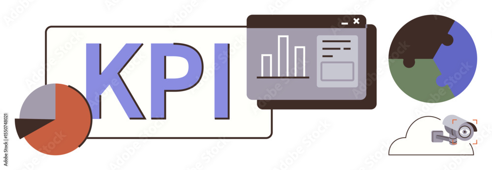 Poster kpi text alongside a pie chart, data dashboard, globe, and cloud storage symbol. ideal for analytics